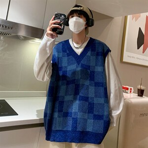 M2210-P38格子纹针织衫V领背心毛衣男生图片