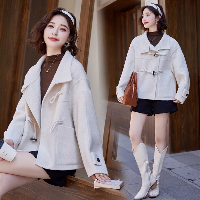 米白色牛角扣双面羊绒大衣女2024秋冬新款小个子宽松显瘦毛呢外套，女装毛呢外套，众宇琦