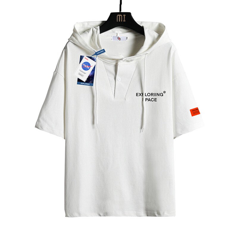 LD54244-P45NASA连帽短袖t恤男大码胖子带帽五分袖中袖网格,男装T恤,电商A040A