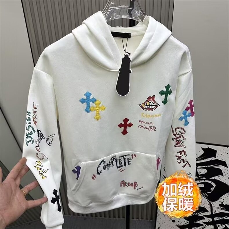 秋冬彩色十字架刺绣皮标连帽衫潮个性街头加绒套头卫衣男,男装卫衣,星座506A