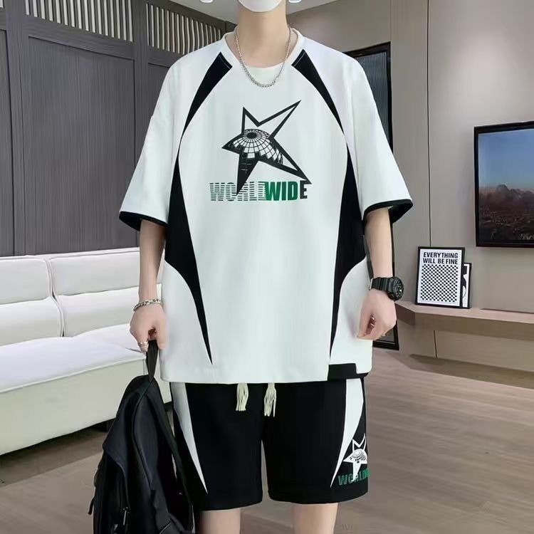 夏季新款短袖套装男士港风潮流青少年学生冰丝透气搭配两件套潮流,男装T恤,星座1210-1