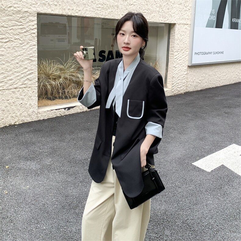 韩版韩系V领西服拼接单排扣西装学院风纽扣正装常规春秋气质长袖,女装西装,浙宝210（原浙宝191）