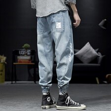 2021秋季新日系大码男印花拼接美式休闲束脚九分牛仔裤N8016-P50，男装牛仔裤，电商A001
