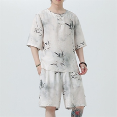 2025春季新款男装风冰丝印花盘扣唐装套装短袖+短裤A105-P80，男装休闲套装，电商B277(原6028)