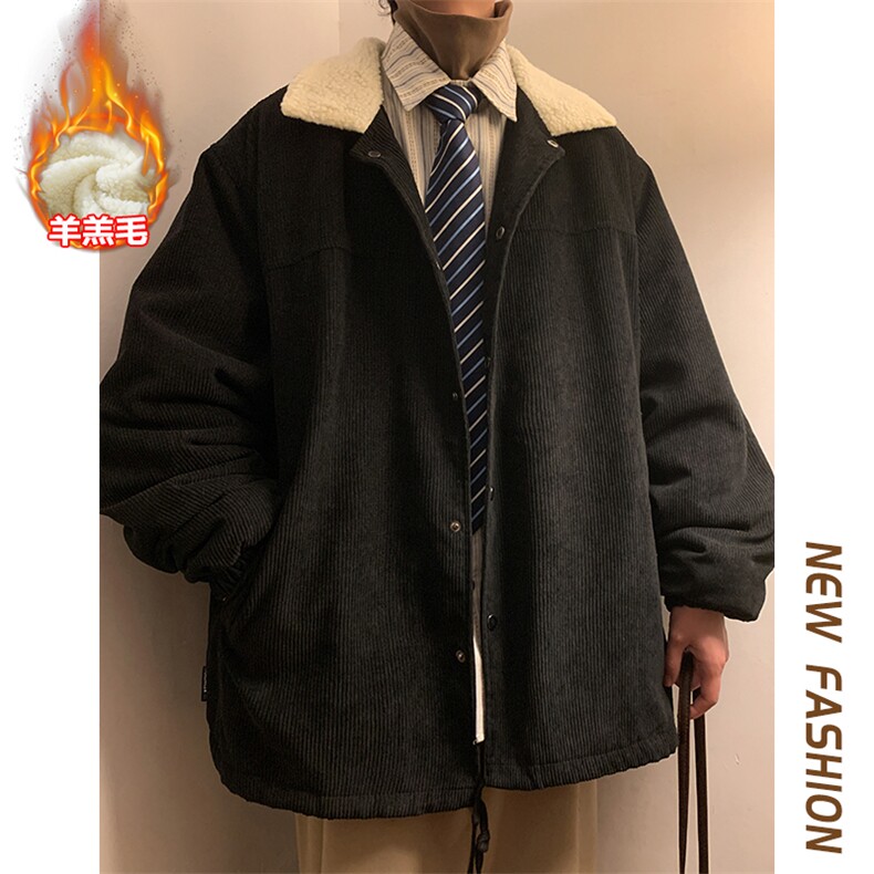 港风宽松大码羊羔毛翻领夹克男潮灯芯绒棉服外套M82-特P78控138，男装夹克，电商A001