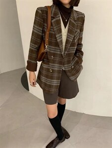 冬装厚昵格子上衣图片