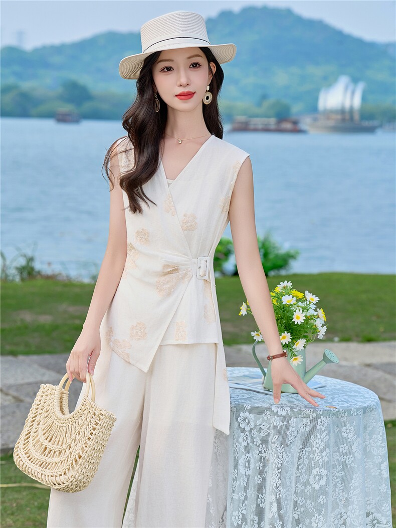（新款现货）2026夏装时尚刺绣不对称上衣+阔腿裤棉麻套装两件套,女装套装/套裙,印象茜
