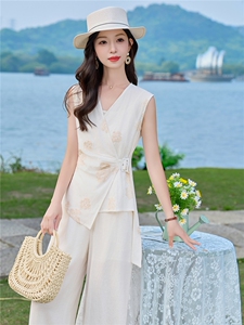 （新款现货）2026夏装时尚刺绣不对称上衣+阔腿裤棉麻套装两件套图片