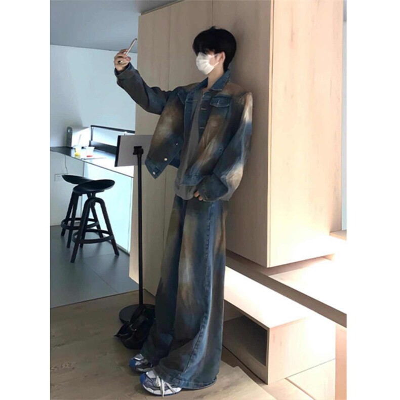 美式短款垫肩牛仔外套男高级感痞帅水洗做旧套装潮牌复古夹克上衣,男装工装外套,四季星座505