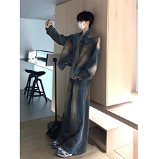美式短款垫肩牛仔外套男高级感痞帅水洗做旧套装潮牌复古夹克上衣，男装工装外套，四季星座505