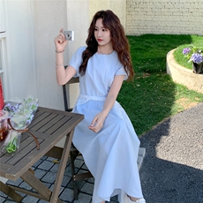 少女感减龄蓝色连衣裙女2025夏季新款法式温柔风蕾丝披肩A字长裙，女装连衣裙，2C273