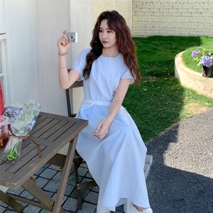 少女感减龄蓝色连衣裙女2025夏季新款法式温柔风蕾丝披肩A字长裙图片