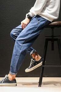2021春秋季新日系布标装饰宽松复古风大码牛仔男九分裤K069-P40图片