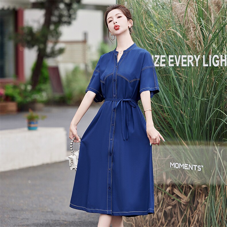 香港代购时尚牛仔连衣裙女2025夏新款洋气收腰系带显瘦中长款裙子,女装连衣裙,慧尚依恋