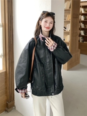 美式复古机车女孩皮衣女2026新款春季翻领宽松高级格纹撞色外套，女装皮衣，艾米莉亚