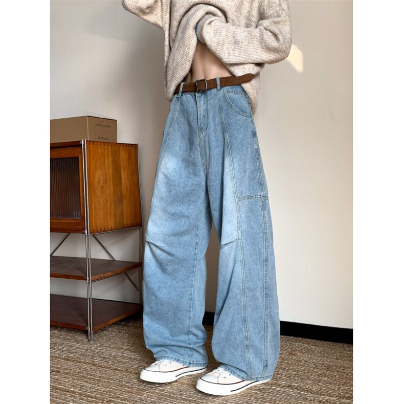 美式竹节纹弯刀牛仔裤男女潮牌宽松休闲裤痞直筒阔腿裤RK3220-P47，男装牛仔裤，星座412-3