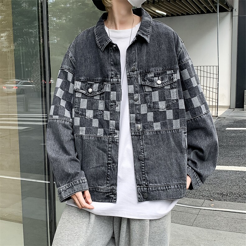 棋盘格拼接牛仔外套高街ins潮休闲百搭秋季夹克上衣JK052-P65图片