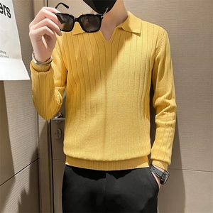 翻领针织套头春秋时尚男装线衣条纹韩版修身复古毛衣外套男 S522图片