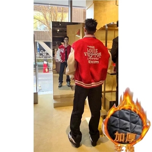 美式钉珠字母棒球服外套男潮牌重磅撞色皮袖宽松加绒上衣运动夹克图片