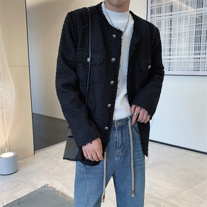 高级感粗花呢圆领西装外套男设计感小众毛边加厚休闲西服冬季HN71图片