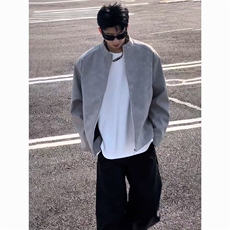 飞行夹克立领拼接美式高街短款棒球服男春秋潮牌pu皮外套，男装夹克，星座1210-1