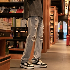 牛仔裤男春夏款高街美式复古显瘦宽松直筒阔腿裤子ins潮743-P45，男装牛仔裤，电商A178