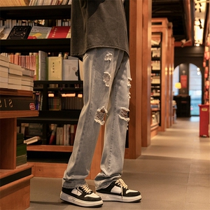 牛仔裤男春夏款高街美式复古显瘦宽松直筒阔腿裤子ins潮743-P45图片