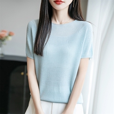圆领短袖t恤女2025夏季新款洋气漂亮独特上衣高级感针织纯色半袖，女装T恤，菲奥羊绒
