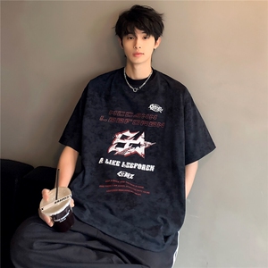 新款美式水洗做旧喷脏短袖男女宽松设计T恤T709-p28图片