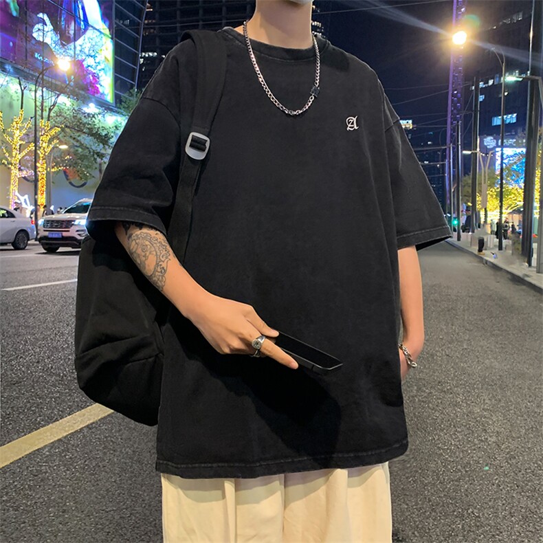 港风夏季新款250g纯棉水洗做旧刺绣T恤618A-819-P48,男装T恤,星座914-4