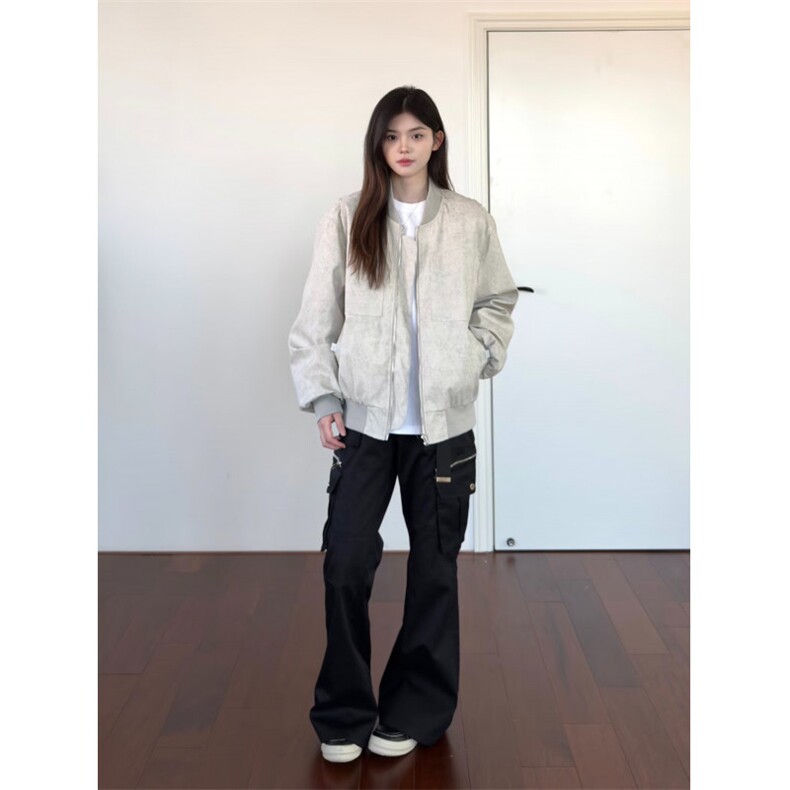 慵懒文艺流行ins百搭新款潮流时尚原宿棒球领短宽石灰女夹克外套,女装短外套,星座506A
