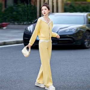 蕾丝连帽休闲运动套装女春秋2024新款小个子穿搭卫衣阔腿裤两件套图片