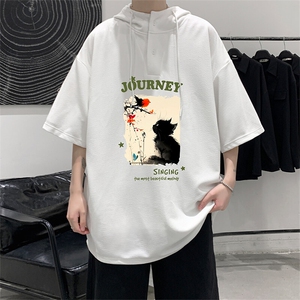 LD5433-P45 连帽短袖t恤男大码胖子带帽五分袖中袖图片
