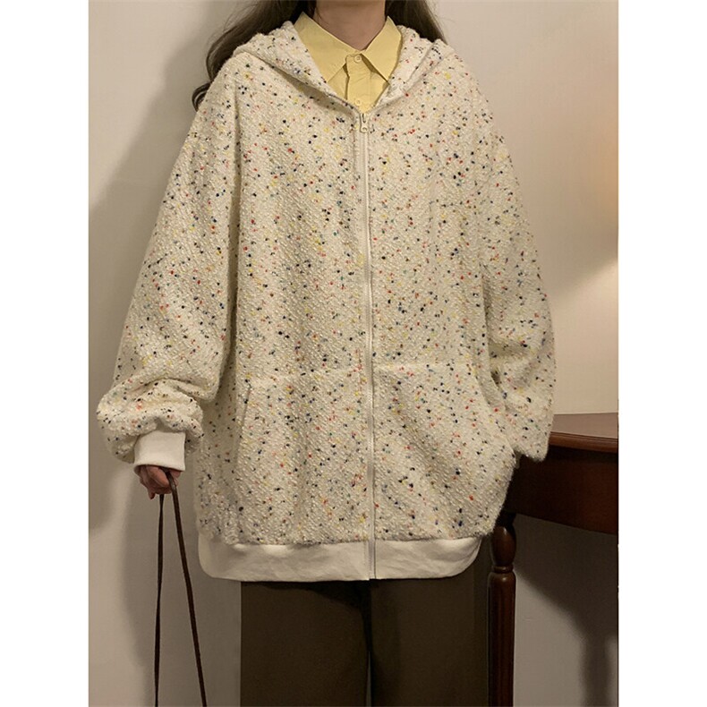 韩系随性自在宽松外套彩点潮流设计新款连帽开衫卫衣HY629P75,女装短外套,电商A102B