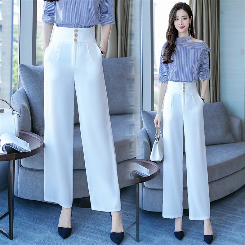 轻熟风职业女夏季2024新款露肩条纹衬衫阔腿裤垂感显瘦，女装休闲裤，海爱依仁