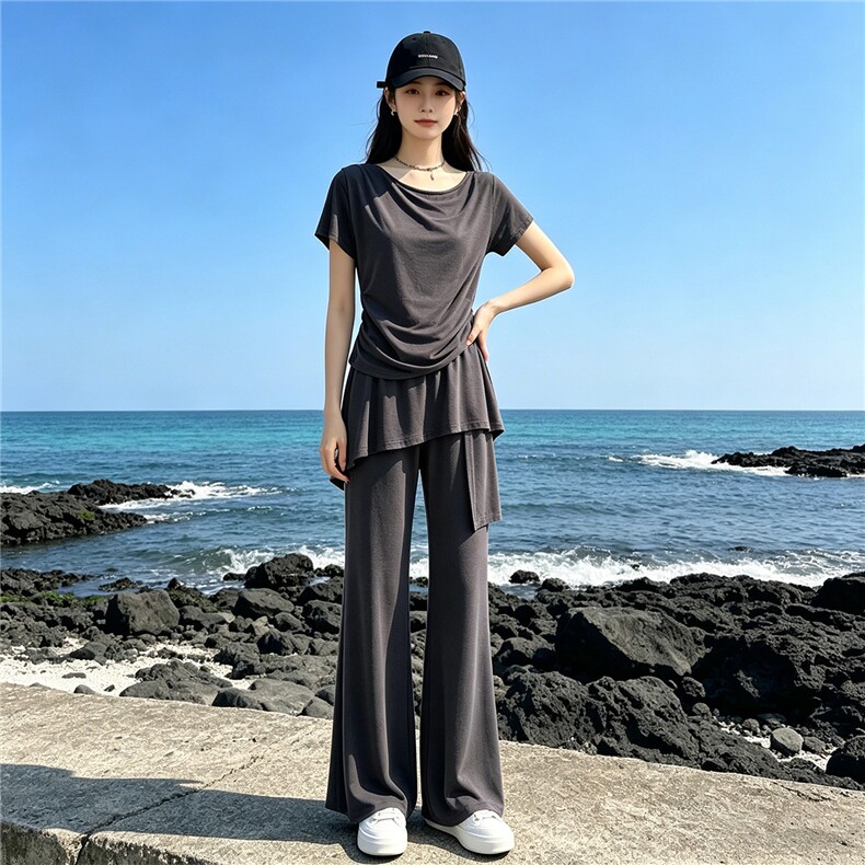 韩版时尚休闲套装女夏季新款斜肩收腰短袖上衣蕾丝屁帘长裤两件套,女装套装/套裙,江南
