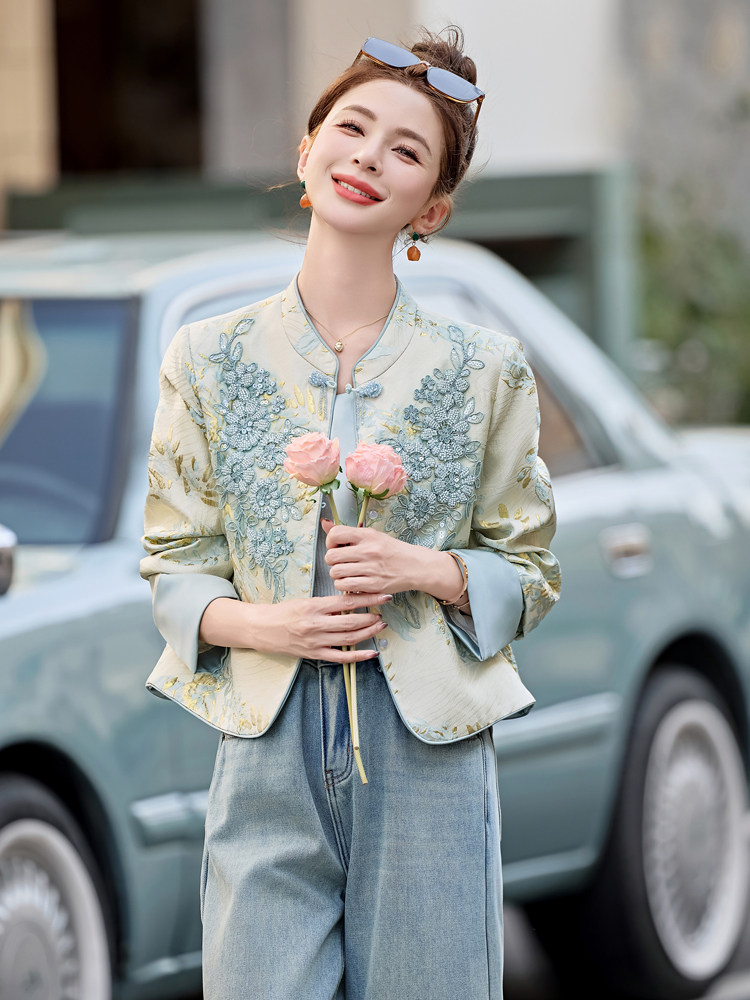 水衣源2706款新中式蕾丝拼接立体印花提花短款洋气外套女,女装短外套,水衣源