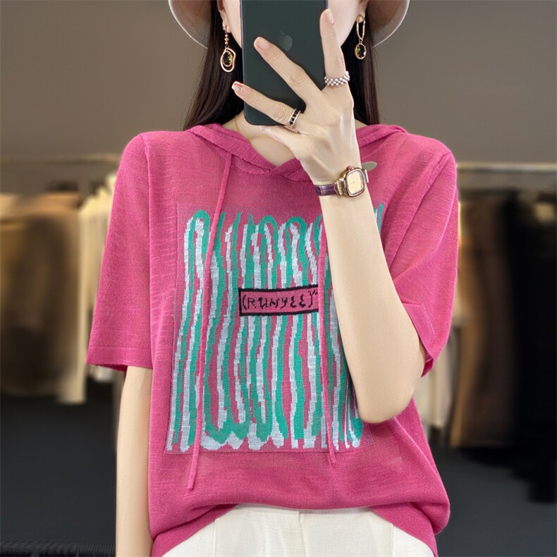 拼色连帽短袖微透竹节针织衫2024夏季新款短款女上衣宽松薄款t恤,针织衫/毛衣,大美人包芯纱店