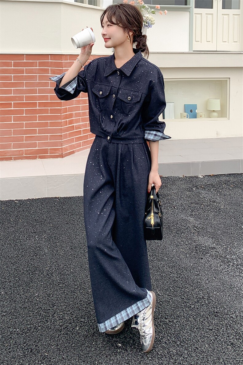 韩版减龄牛仔外套阔腿裤两件套女2025春秋新款高级感休闲显瘦套装,女装套装/套裙,2D014