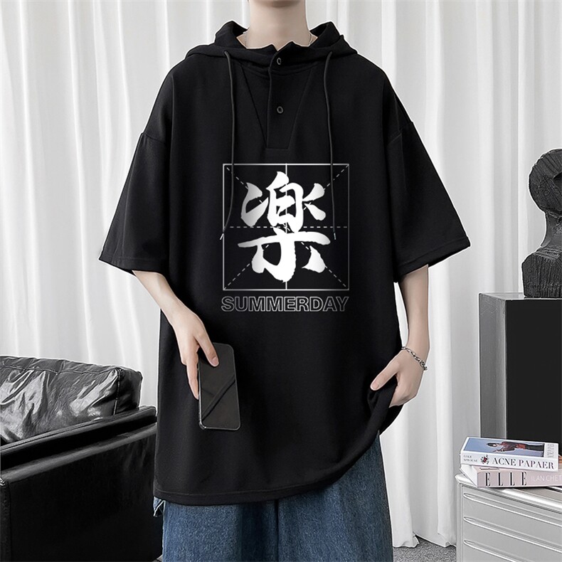 LD54197-P45 连帽短袖t恤男大码胖子带帽五分袖中袖图片