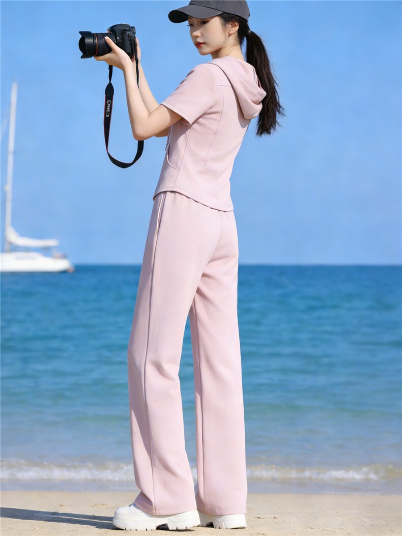 高级感欧货休闲显瘦套装女夏新款拉链抽绳开衫连帽上衣阔腿裤套装,女装套装/套裙,江南