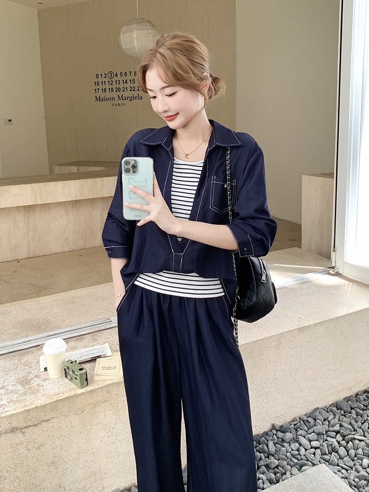 韩剧藏青色休闲衬衫运动套装女秋2025新款条纹吊带ootd穿搭三件套,女装套装/套裙,浙宝192（原082）