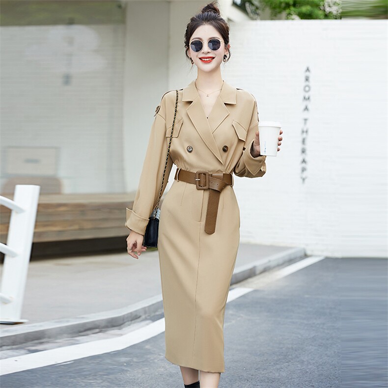 高级感长袖西装裙女2024春秋季新款气质通勤收腰系带风衣式连衣裙,女装连衣裙,辉煌依升
