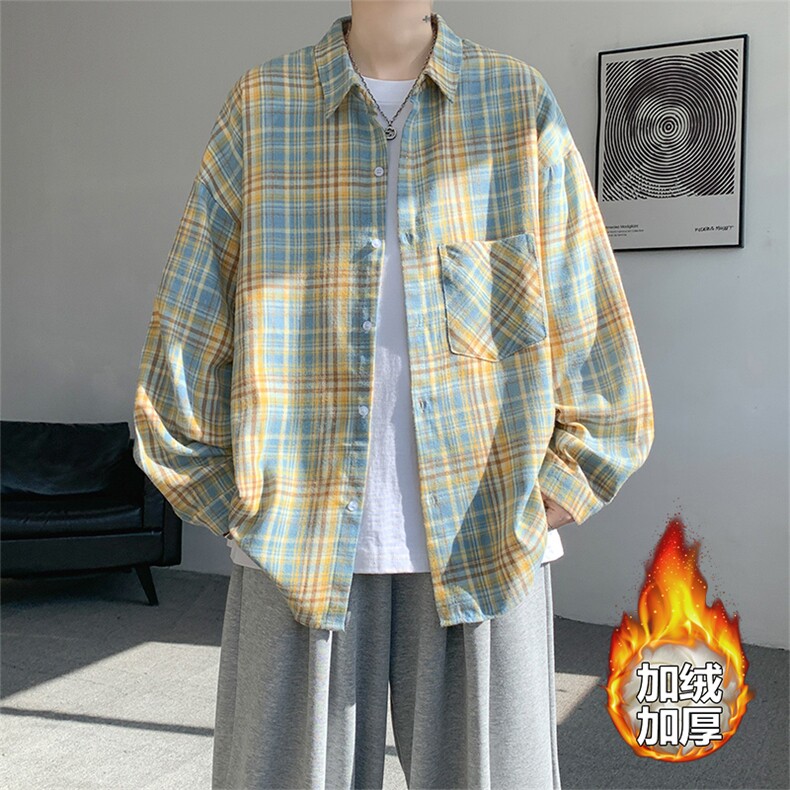 加绒衬衫男冬季新款港风宽松加厚磨毛格子长袖衬衣JR01-特P35，男装衬衫，星座214-3