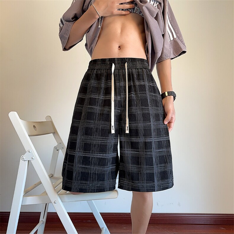 特批P20无差价夏季格子凉感冰丝宽松港风直筒五分短裤男DK5829,男装休闲裤,电商A001