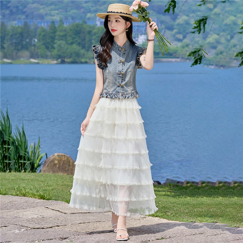 （新款现货）2026夏装时尚薄牛仔小飞袖上衣+蛋糕超仙纱裙两件套,女装套装/套裙,印象茜