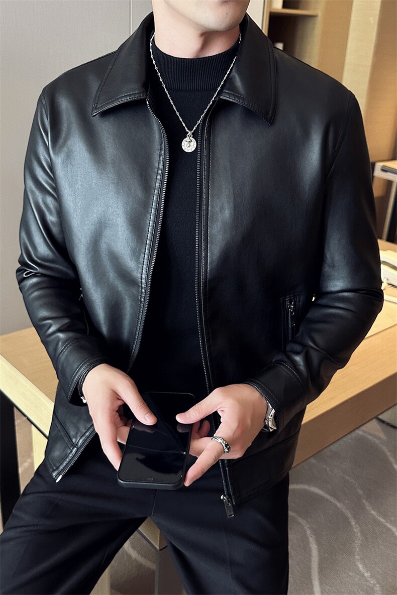 加棉加厚纯色修身翻领PU机车皮衣外套夹克男py56806-p78加棉p88,男装皮衣,电商D303