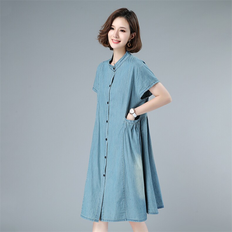 连衣裙纯色圆领宽松腰排扣文艺2021年夏季短袖中长款，女装连衣裙，叶笙衣