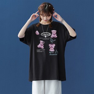 中性 夏季潮流韩版可爱毛绒小熊印花宽松情侣短袖T恤 T35P25控38图片
