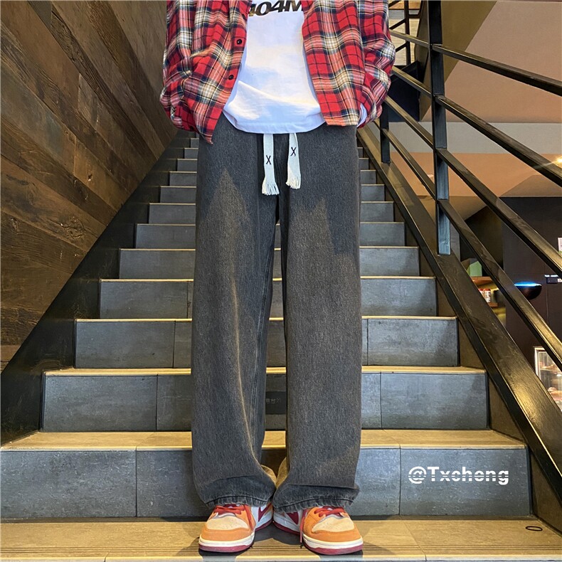 浅蓝色松弛感抽绳牛仔裤男款夏季美式复古松紧腰潮牌直筒宽松裤子，男装牛仔裤，电商B315